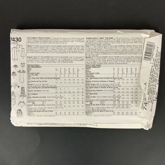 Simplicity 7430 Little Girls Barbie Costumes Size 3-8 Sewing Pattern UNCUT - Picture 2 of 3